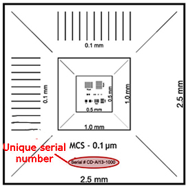 EM-Tec MCS-0.1TR-XY traceable magnification calibration standard, 2.5mm to 100nm in both X and Y direction